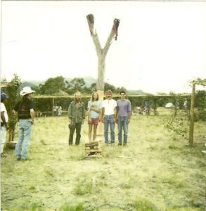 A group of people standing next to a tree in a field.